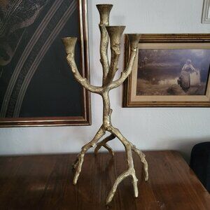 Gold Metal Faux Bois Candle Holder, Gold Branch Candelabra, Farmhouse,  20" Tall
